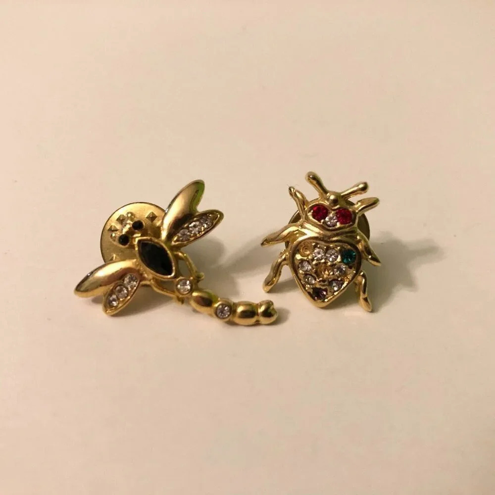 Vtg Lot of 2 Small Pins Dragonfly Brooch and Beetle Insect Pin